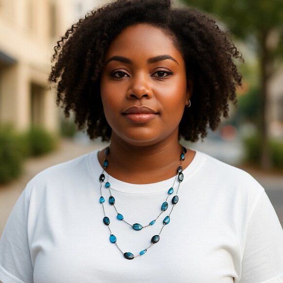 Handcrafted Sea Glass Bead Necklace Hand Knotted Aqua & Smoky Bead 36 inch EVC - Picture 2 of 13